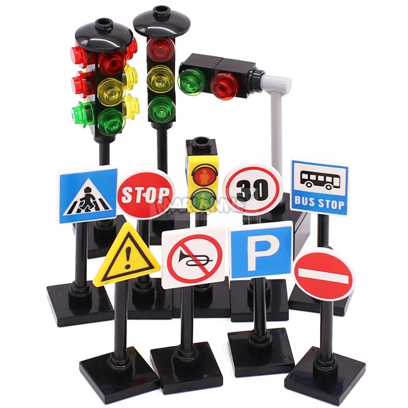 Marumine Traffic Road Sign Light Lamp Block Brick City Street View Accessories Signpost Barrier Speed Limit Indicator Warning