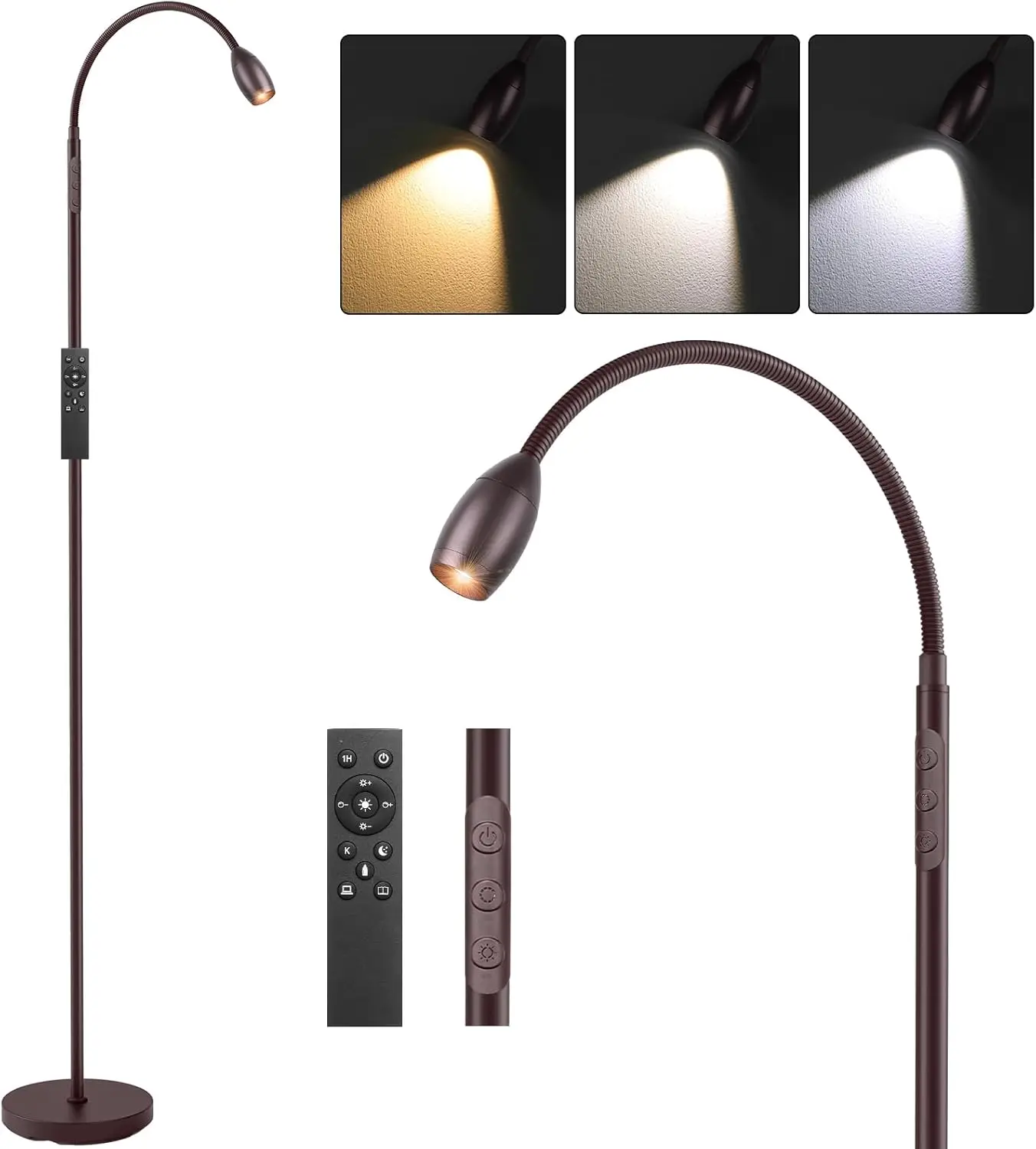 

72" LED Floor Lamp, Dimmable Gooseneck, Adjustable Color & Beam, Touch & Remote Control, Task Lighting for Living Room, Oil-Rubbed Bronze