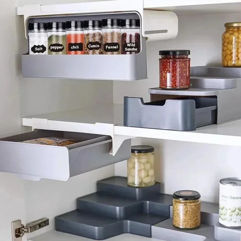 Kitchen Storage Rack Self-adhesive Wall-mounted Under-Shelf Spice Organizer Spice Bottle Storage Rack Oil Bottle Home Supplies