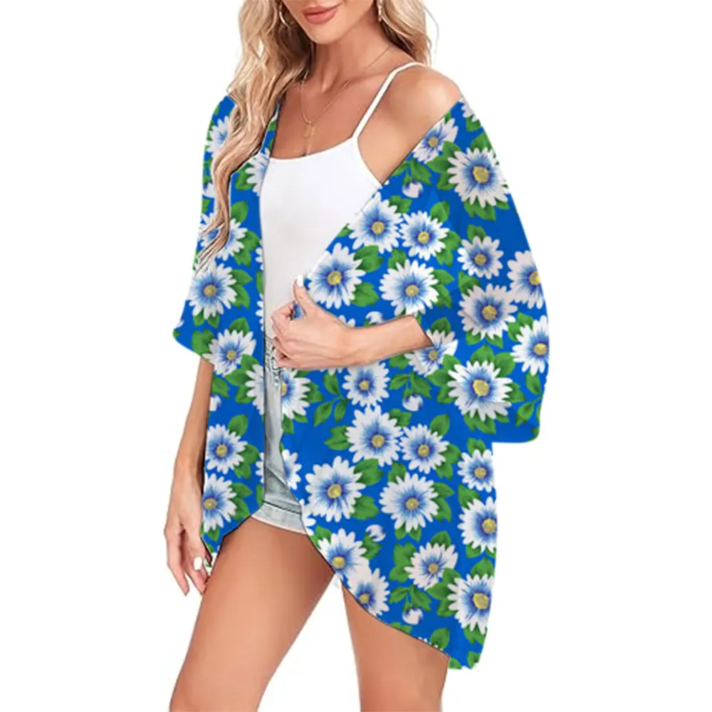 Elegancki szyfonowy strój kąpielowy peleryny kwiatowy Print Kimono Cover Up Cardigan Shirt Tops Fashion Casual Resort Wear strój kąpielowy bluzka