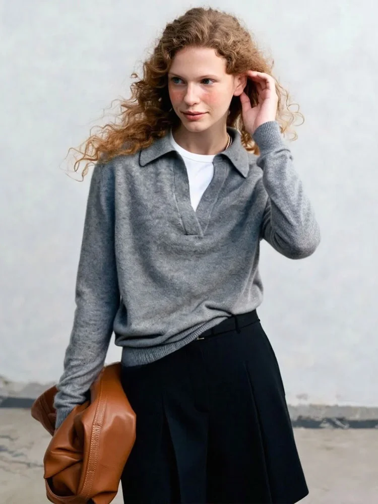 

ZhuoZhi Повседневный вязаный свитер с отложным воротником, зимняя новинка в корейском стиле, базовый топ Miu, мягкий французский стиль, свободный крой, длинный рукав