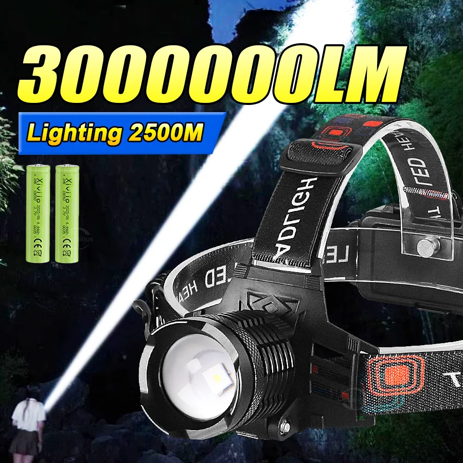 High Power 300W LED Headlight Super Bright Zoom 2km Headlamp 3000000LM Powerful Led Head Flashlight Rechargeable Camping Lantren