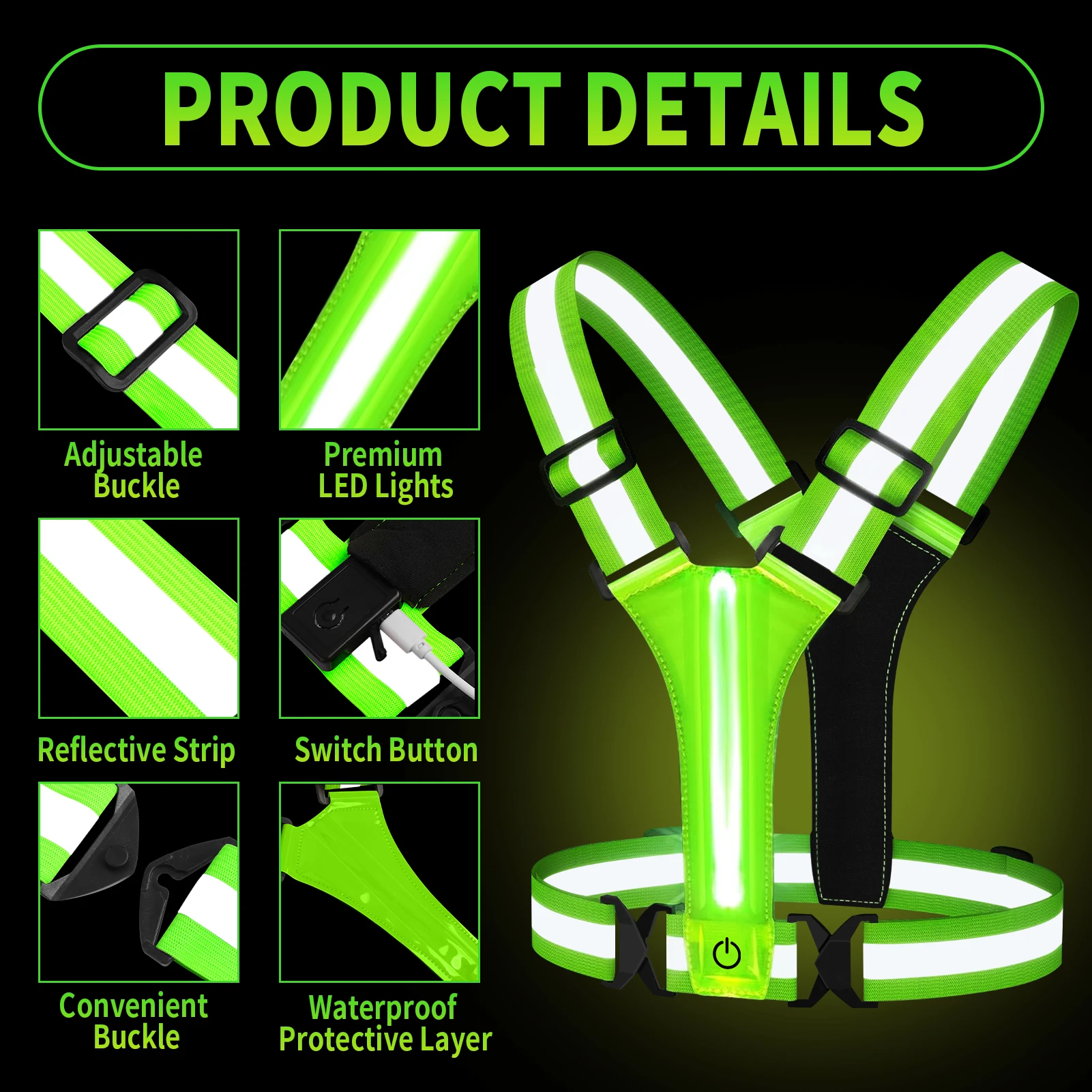 Adjustable LED Reflective Vest Running Gear Running Lights for Runners USB Rechargeable LED Light Up Vest High Visibility