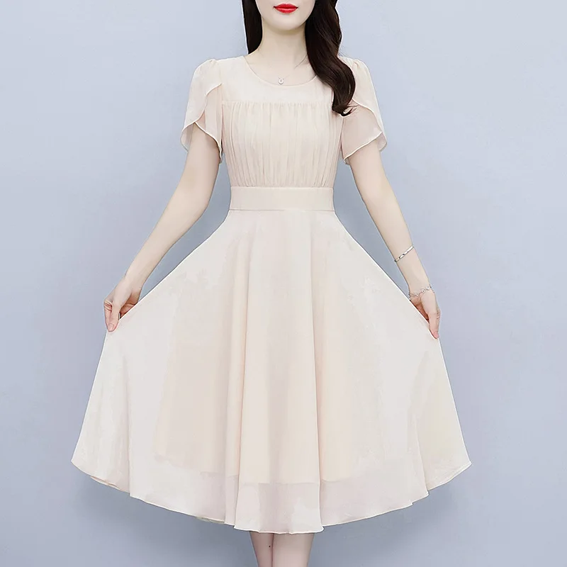 

Simple Graceful Puff Sleeve Waist-Tight Dress Women2025Summer New Gentle Women's Mid-Length Dress