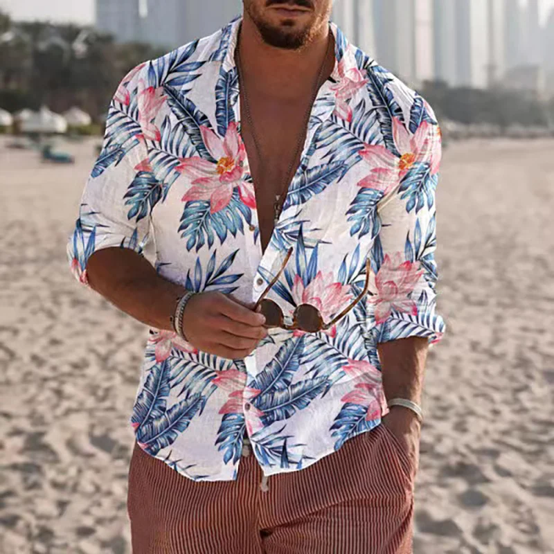 Summer 2024 Mens Hawaii Shirts Long Sleeve Leaves Graphic Comfy Holiday Hawaiian Shirt Button Up Blouse