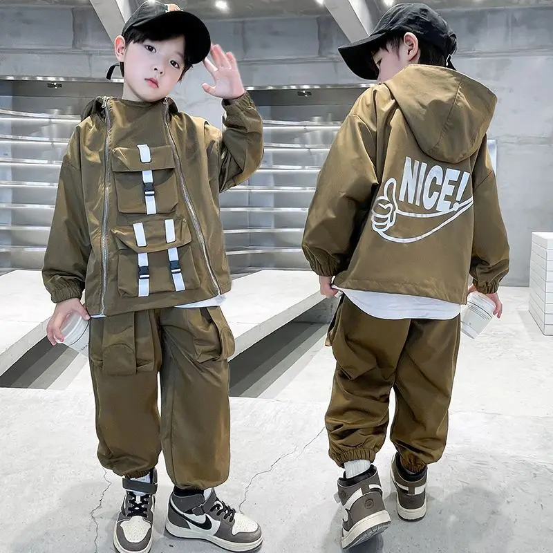 

Boys' Autumn Outfit Set Street Fashion 2024 New Hooded Jacket Cargo Pants Two-piece Suits Letter Print Children's Loose Sets