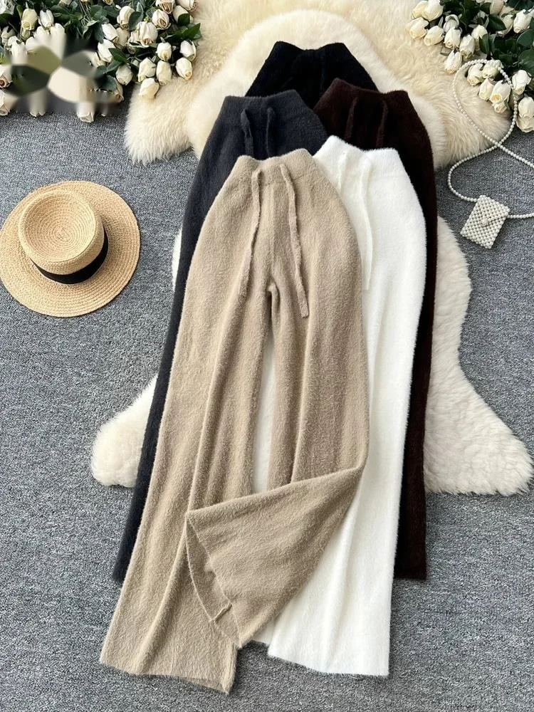 

Autumn Soft Fur Knitted Trousers Ladies Solid Drawstring Elastic Waist Loose Slim Winter Homewear Basic Wide Leg Pants