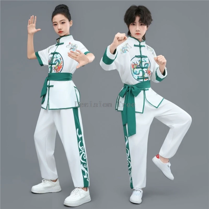 children's chinese short sleeved buckle wushu clothing set kids' breathable kungfu performance kids' printed wushu uniform set