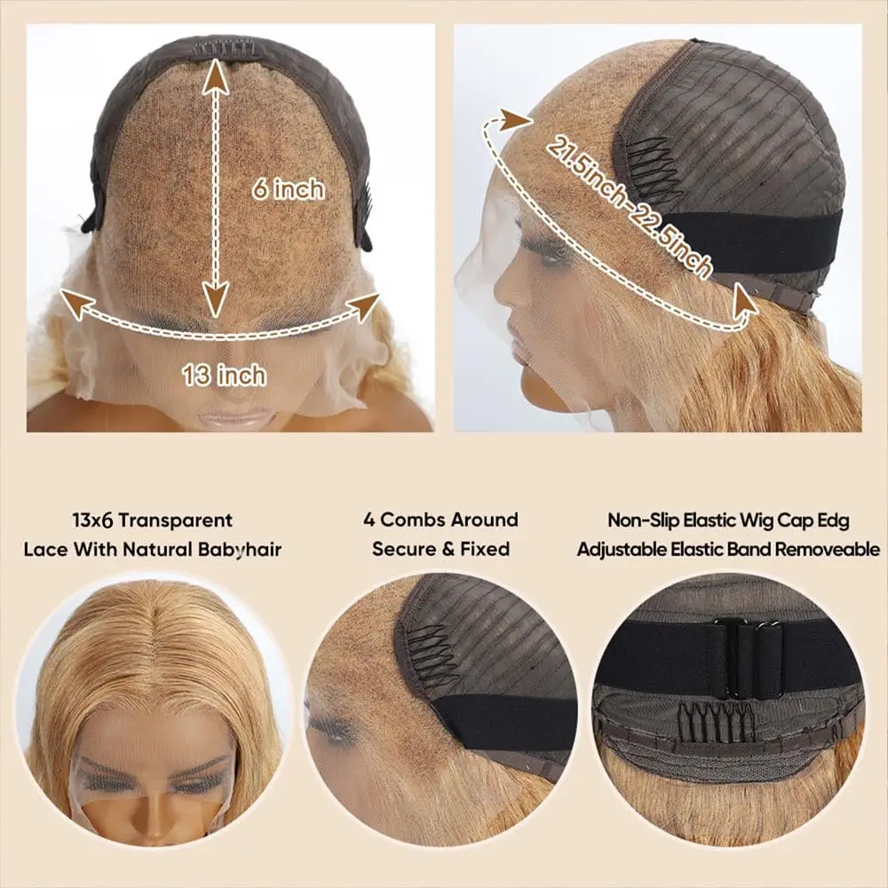 Peluca de cabello humano con malla frontal, pelo rubio miel, 13x6, 27 #, onda corporal de color, 200 de densidad, prearrancado con cabello de bebé