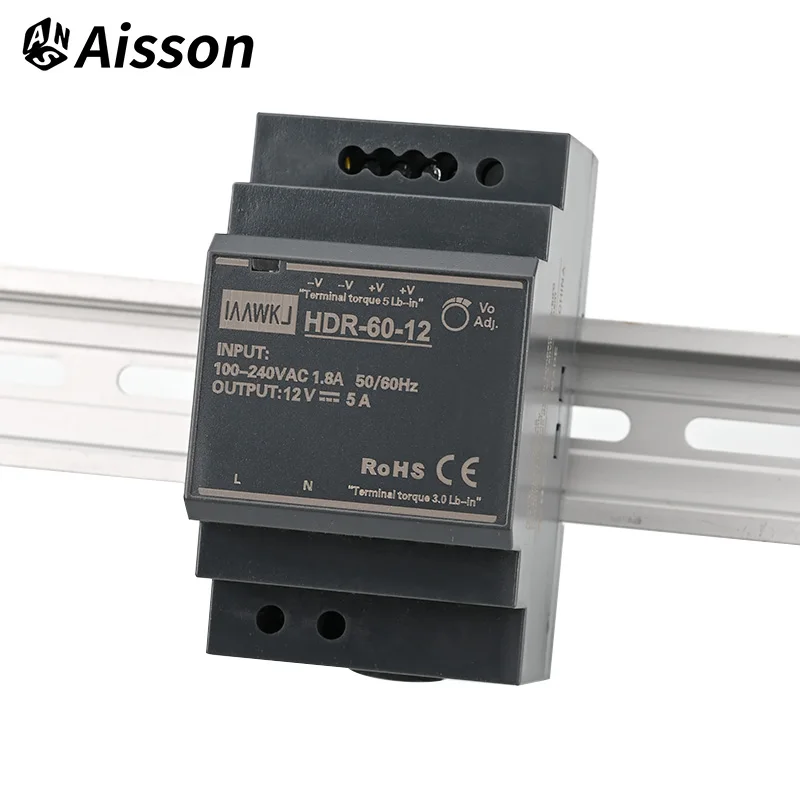 60W HDR-60 Series DIN Rail Mounting Ultrathin Switching Power Supply with DC 5V/12V/24V/48V Output 100-240VAC Input
