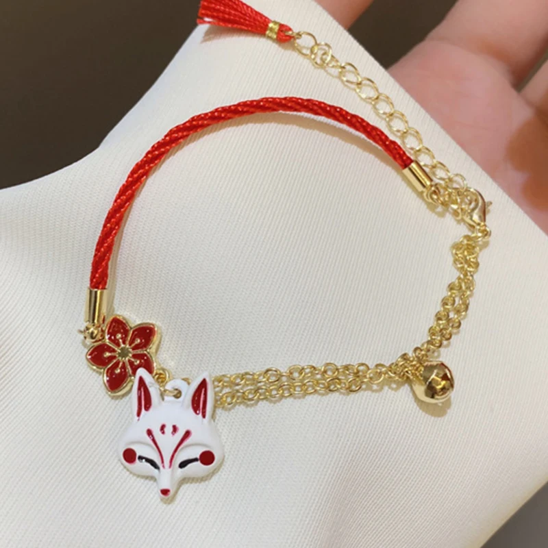 Vintage Red Fox Flower Animal Bracelet for Women Cute Fox Charms Red Rope Chains Bracelets Jewelry Lucky Bell Gift for Lovers