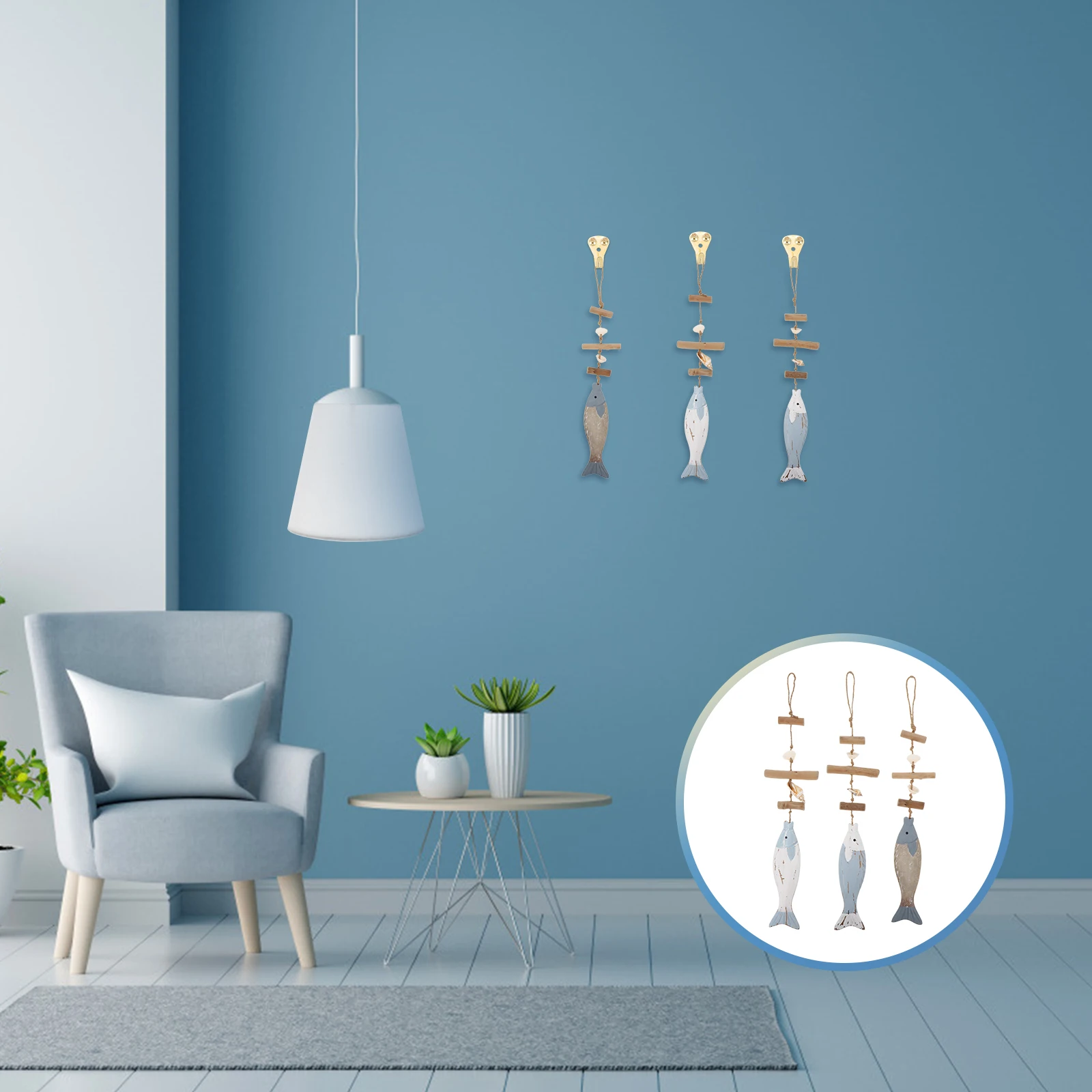 

3 Pcs Wood Fish Sculpture Hanging Wall Decor Mediterranean Style Safe Wood Ocean Fish Wooden Beach Theme Party