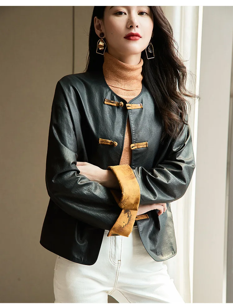 Chinoiserie  autumn Fashion New Leather Garment Women's Short Sheepskin Single Leather Coat,ladies' leather jackets