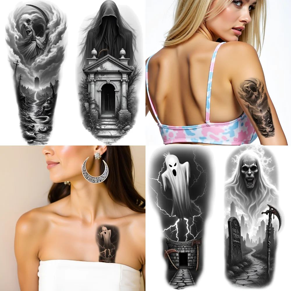 

3pcs Temporary Tattoo Ghost Realistic Temporary Tattoos Skull Reaper Waterproof Long-lasting Body Stickers For Women Arms