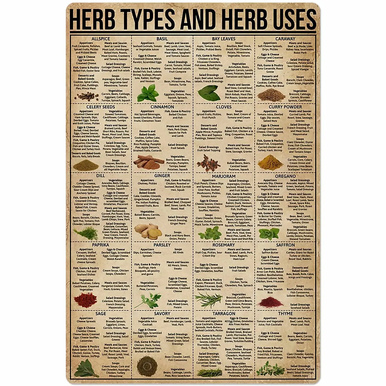 Herb Types and Herb Uses Tin Sign Knowledge Popular Science Poster Hospital School Farm Garden Information Table Bar Club H sign