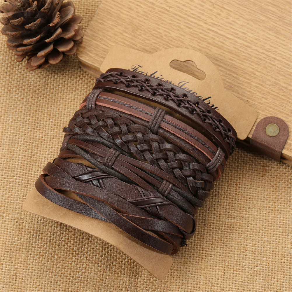 6 Pcs/Sets Trend Jewelry Handmade Weave Genuine Leather Bracelet Men Vintage Cuff Leather Bracelet Pulsera Hombre