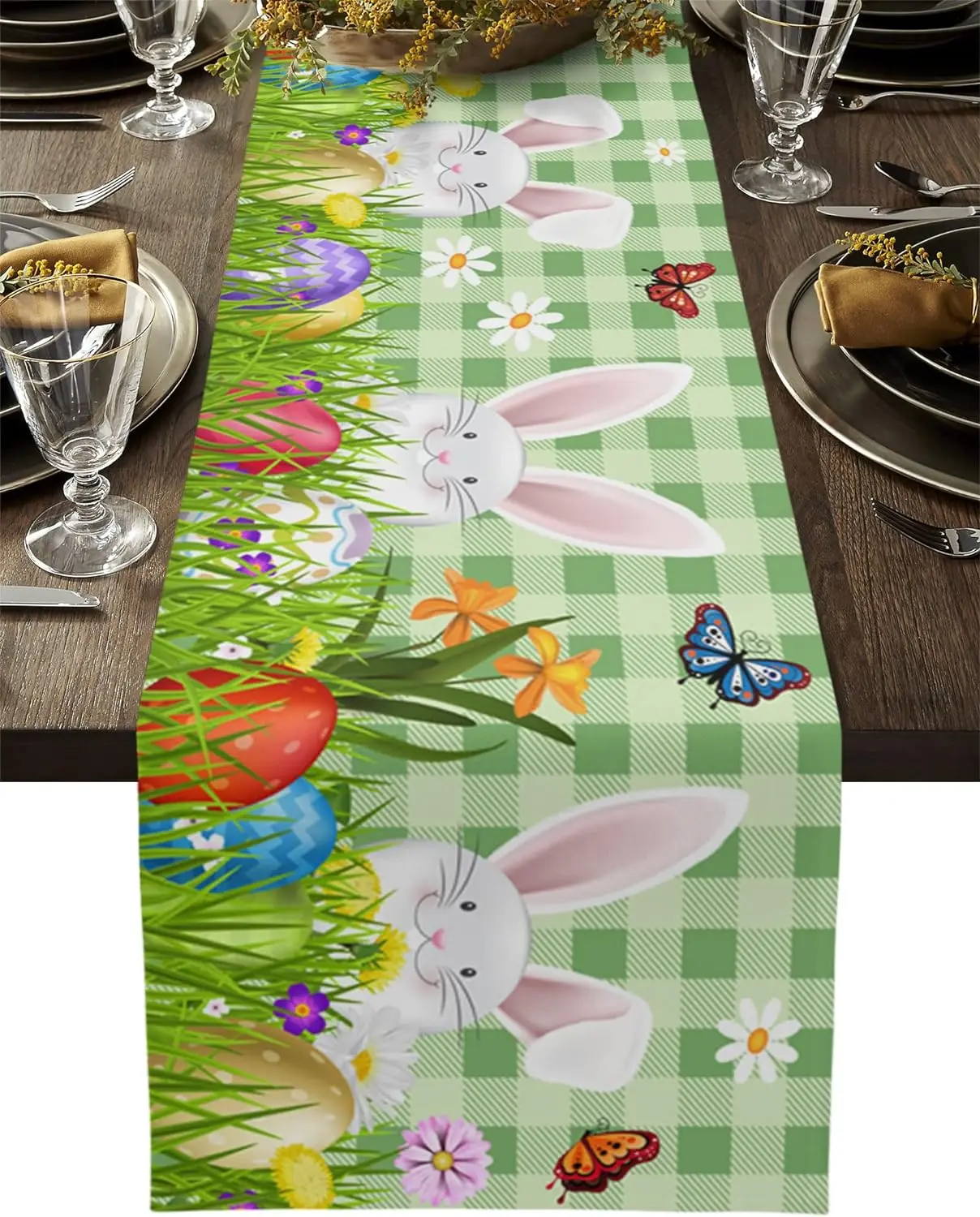 

Cute Rabbit Flower Egg Easter Grassland Linen Table Runner Green Plaids Dresser Scarves Spring Holiday Outdoor Party Decoration