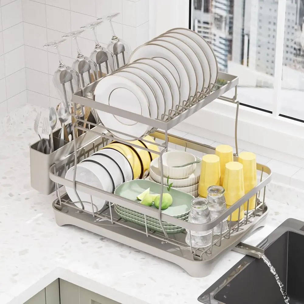 

Dish Drying Rack,Large Dish Rack or Kitchen Counter,2-Tier Dish Racks with draining Tray,Detachable acity Dish Drainer Organizer
