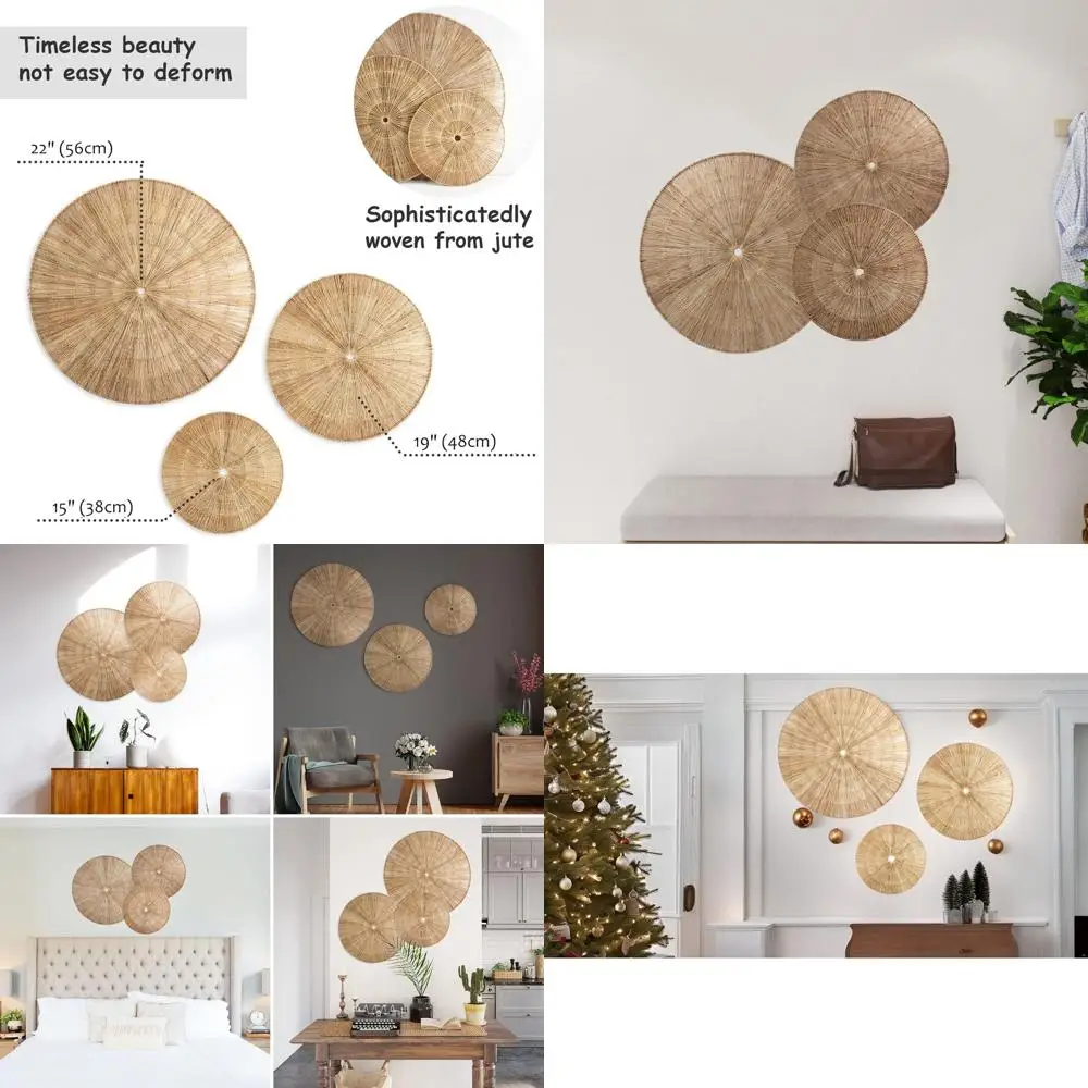 

PEMAR Handwoven Wicker Wall Hanging Baskets Set o 3 – Round Jute Wall Decor (23", 19", 15"), Southwestern Boho Scandinavian armh