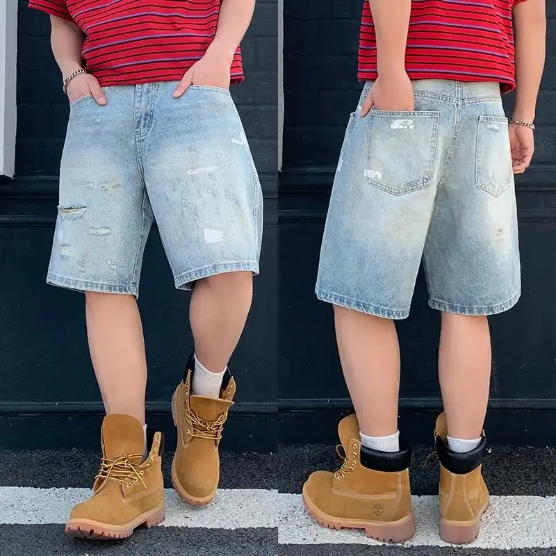 

2026 Summer New Korean Style Ripped Denim Shorts for Men, Trendy Brand, Loose Fit, Casual, Mid-Length, Five-Point Pants, Versati