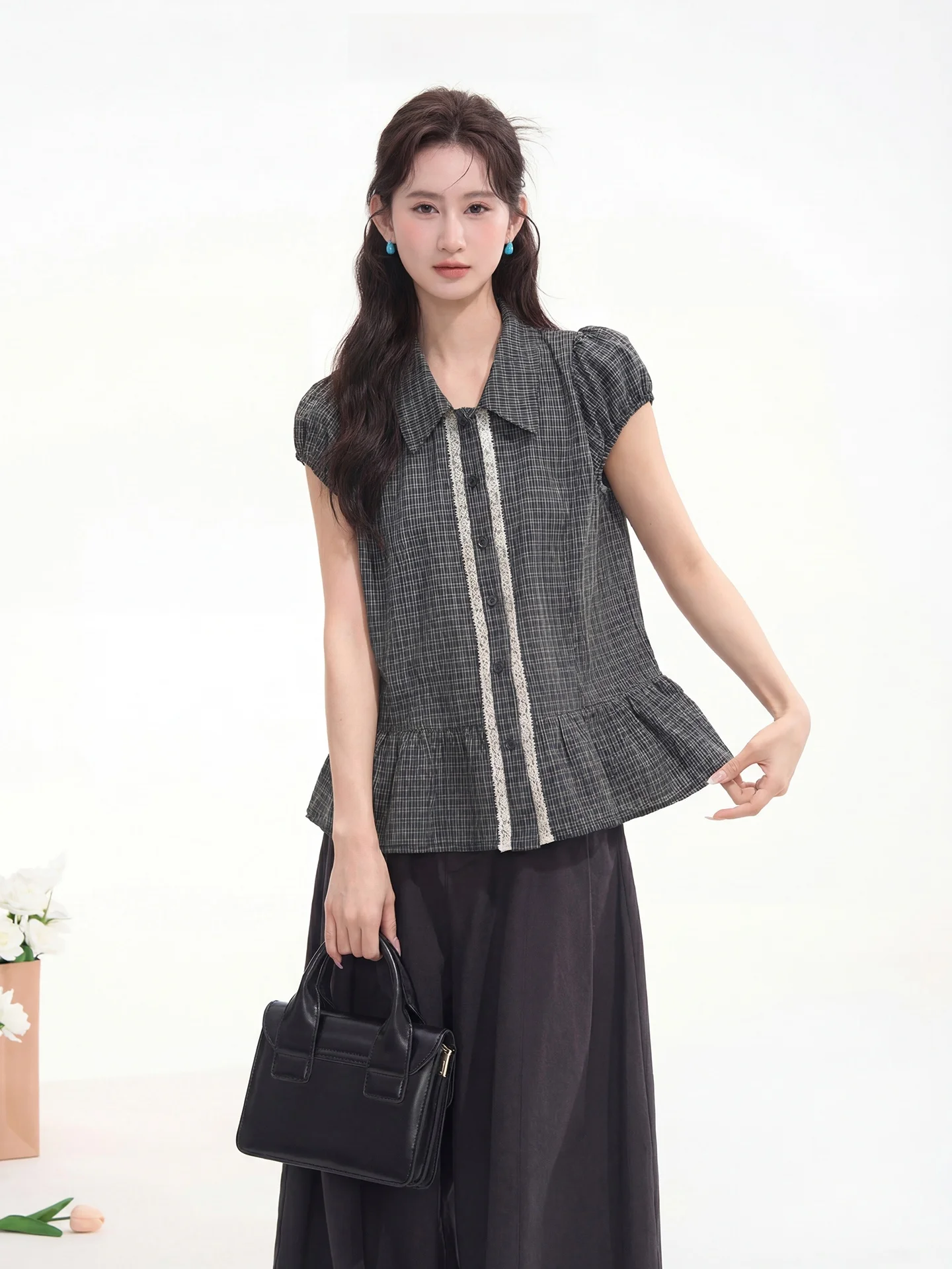 

Floral Field Window Heme Early Diary Summer Sweet Lace Trimmed Short Sleeve Plaid Shirt Women's Top Korean Style Loose Fit Co...