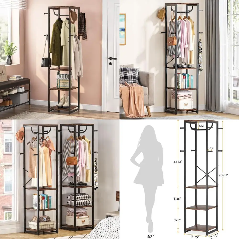 

Industrial Style Freestanding Coat Rack with 4 Storage Shelves and 8 Hanging Hooks