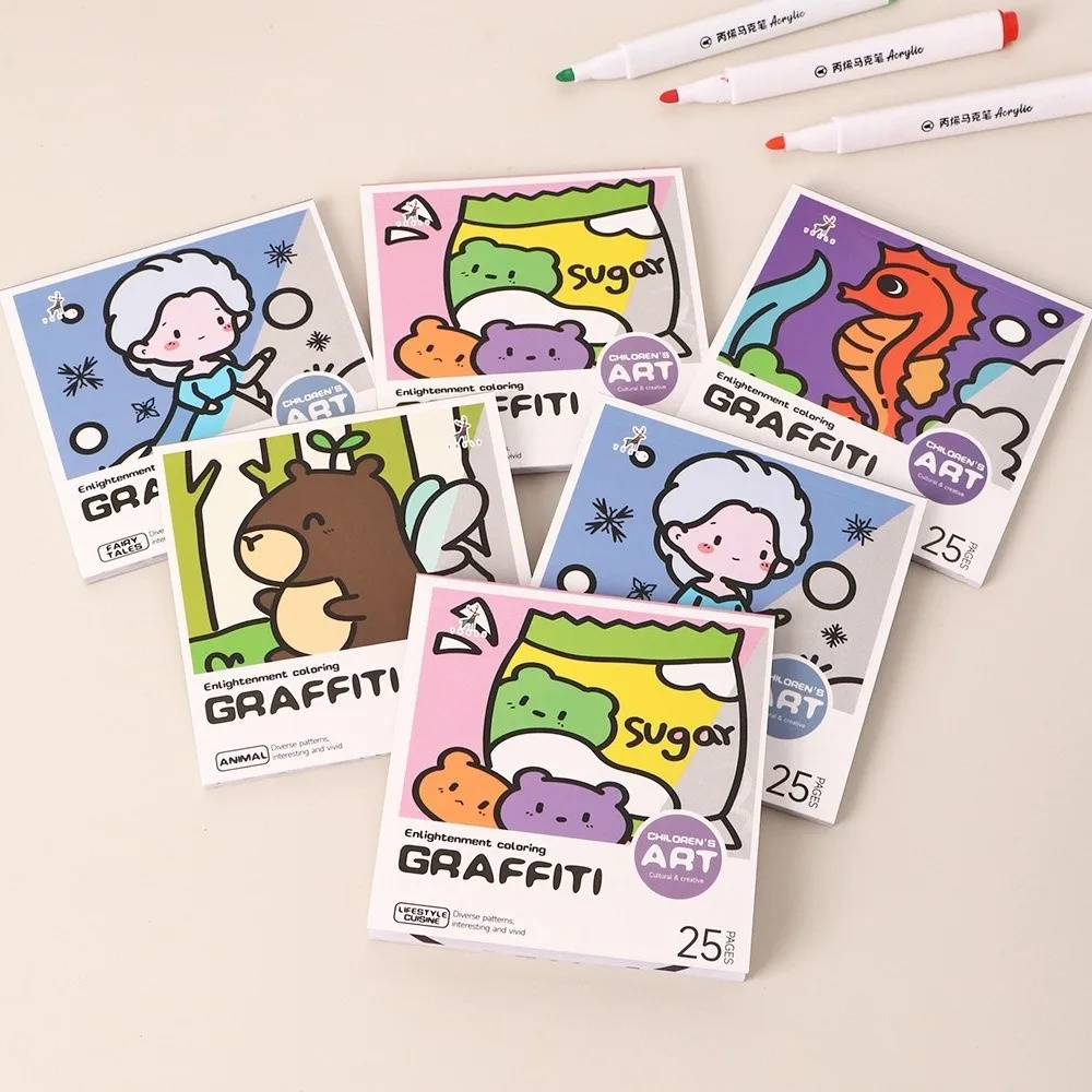 DIY Mini Cartoon Coloring Book Portable Note Coloring Watercolor Coloring Book 25Sheets Painting Album Children's Art