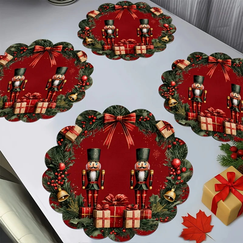 VIKAMA 4 قطع عيد الميلاد كسارة البندق وجبة حصيرة كسارة البندق هدية مربع مع طاولة القوس الذهبي زينة عيد الميلاد