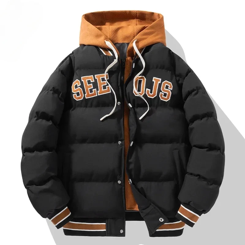 2024 Winter Baseball Jacket Harajuku Fake 2 Pct Design Thick Down Cotton Padded Coat Streetwear Loose Cold-proof Hooded Parka