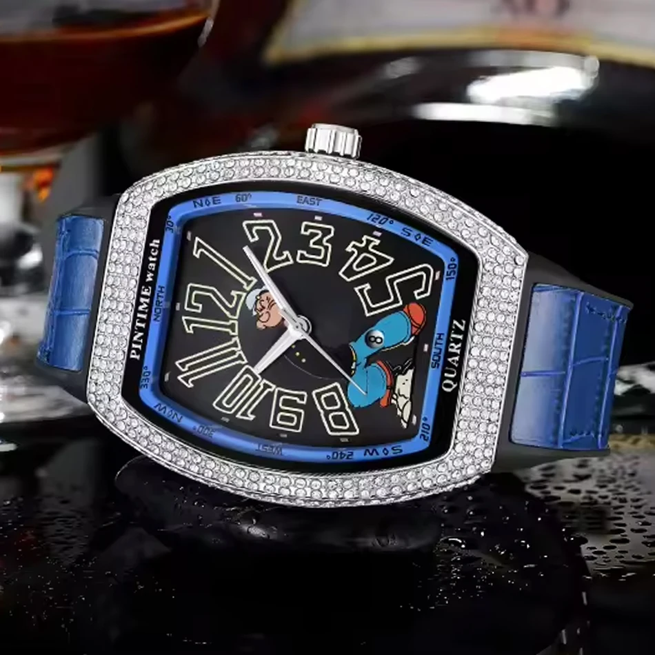Fashion Men Moissanite Diamond Watch Shinning Iced Out Quartz Analog Waterproof Wristwatch Leather Band