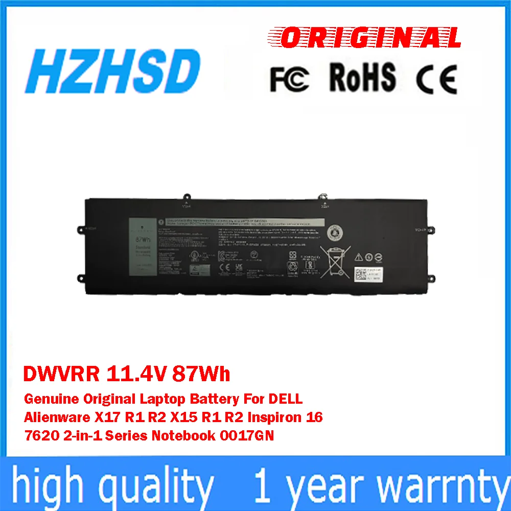 

DWVRR 11.4V 87Wh Genuine Original Laptop Battery For DELL Alienware X17 R1 R2 X15 R1 R2 Inspiron 16 7620 2-in-1 Series Notebook