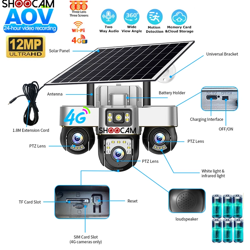 12MP ShooCam كاميرا في الهواء الطلق PTZ اتجاهين الصوت AOV كامل اللون كاميرا تعمل بالطاقة الشمسية في الهواء الطلق للرؤية الليلية 3 عدسة 3ptz كاميرا تلفزيونات الدوائر المغلقة #1