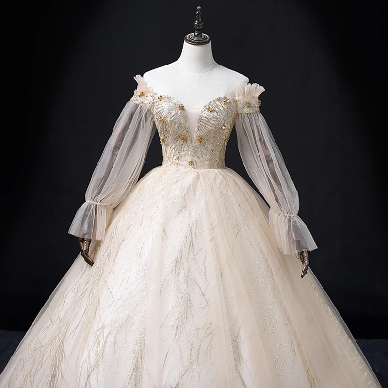 AnXin SH vintage champán encaje cuello barco manga larga ilusión rebordear vestido de bola de cristal con cordones vestido de noche personalizado