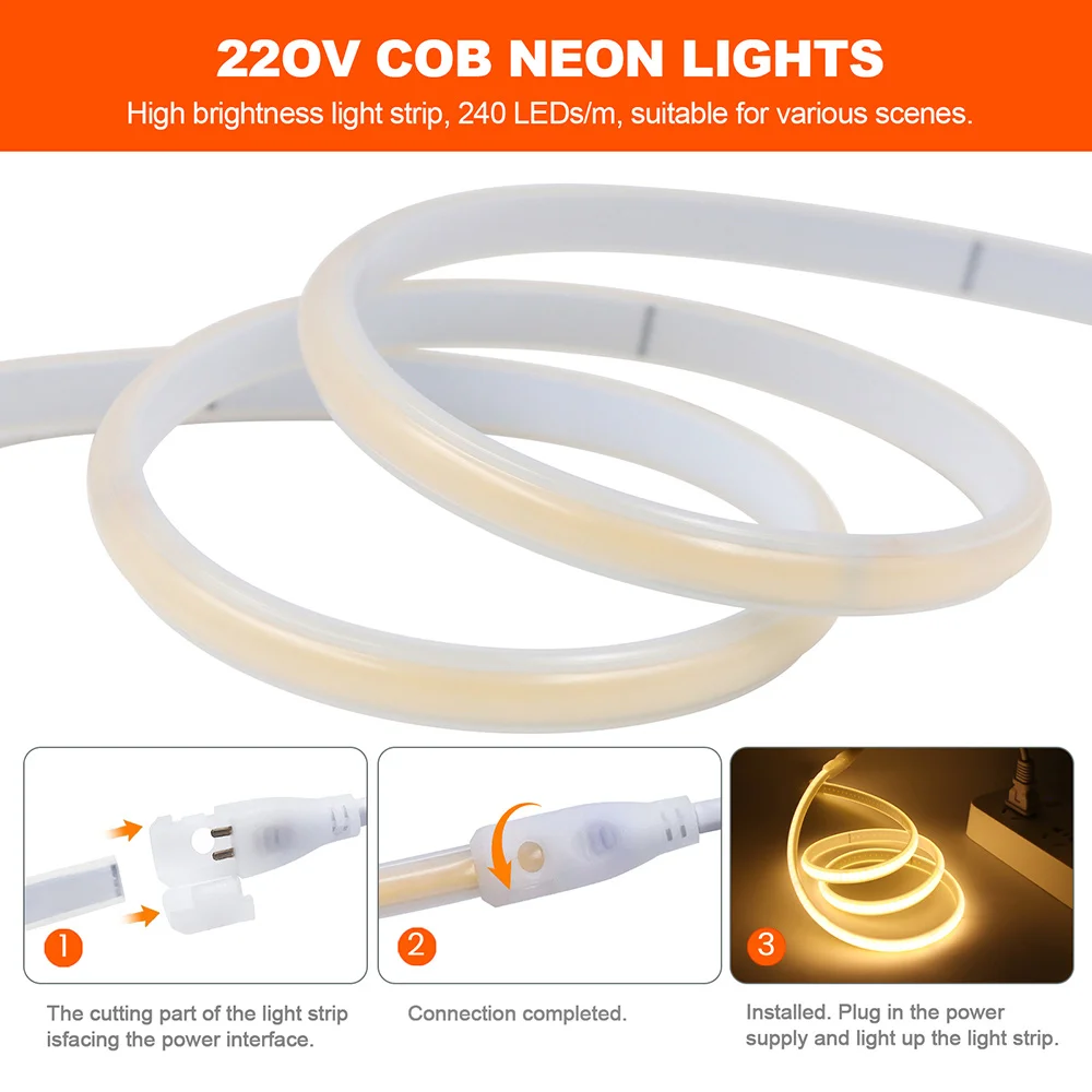 Bande Lumineuse Néon LED COB à Intensité Réglable, Flexible et Étanche, avec Joli, Gradateur, Kit d'Alimentation UE, Éclairage Linéaire, AC 220V, 240