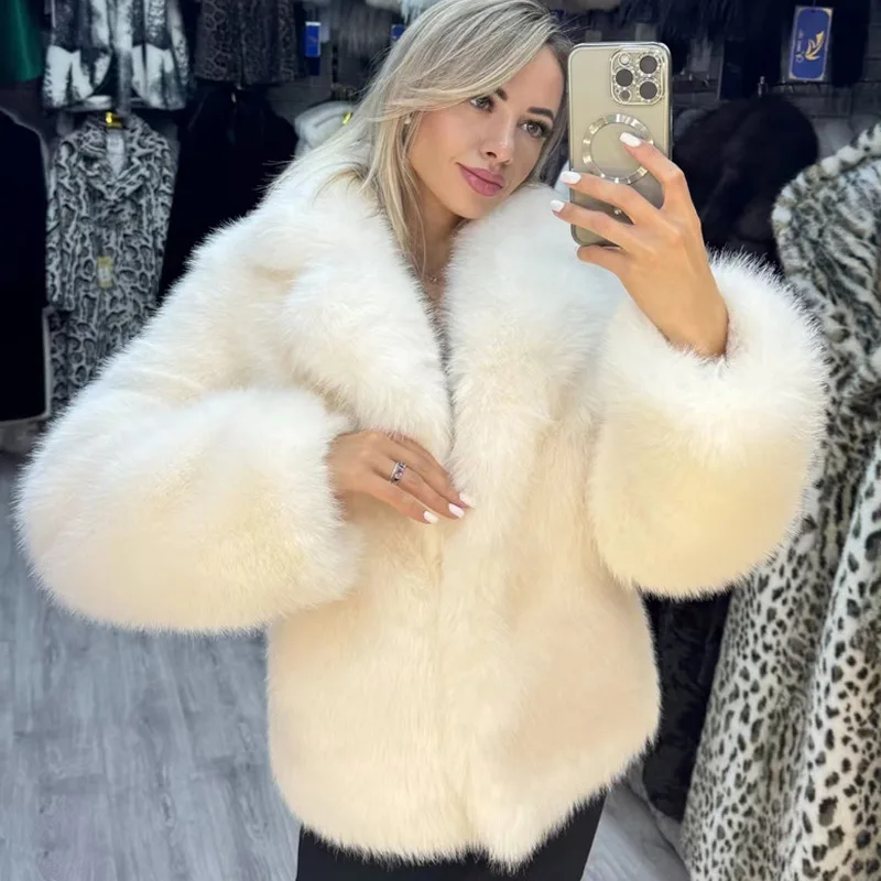 Veste de luxe en fausse fourrure pour femmes, manteau chaud à revers, taille haute, coupe ample, Streetwear de banlieue, hiver 2025