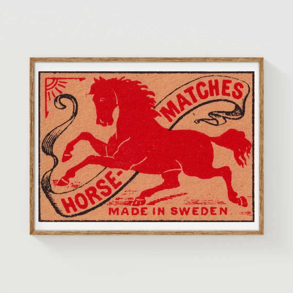 Rotes Pferd – Matchbox-Druck – Schweden-Wandkunst – Vintage-Schwedens-Kunst – Matchbox-Wandposter – Vintage-Posterdruck