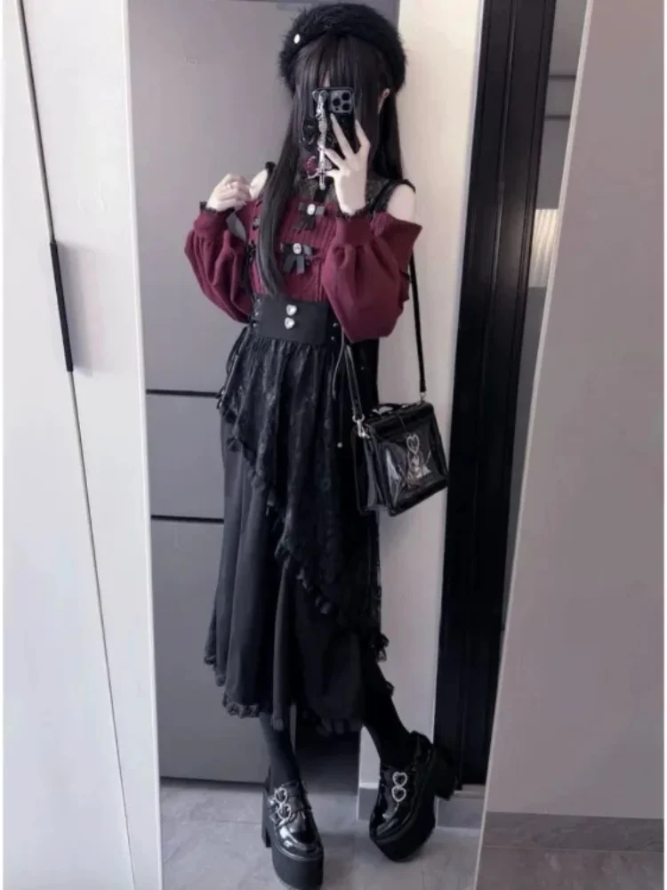 

Kawaii Lolita кружевные юбки с рыбьим хвостом Y2k черная юбка с тонкой талией для женщин осенняя субкультурная юбка средней длины Faldas Mujer