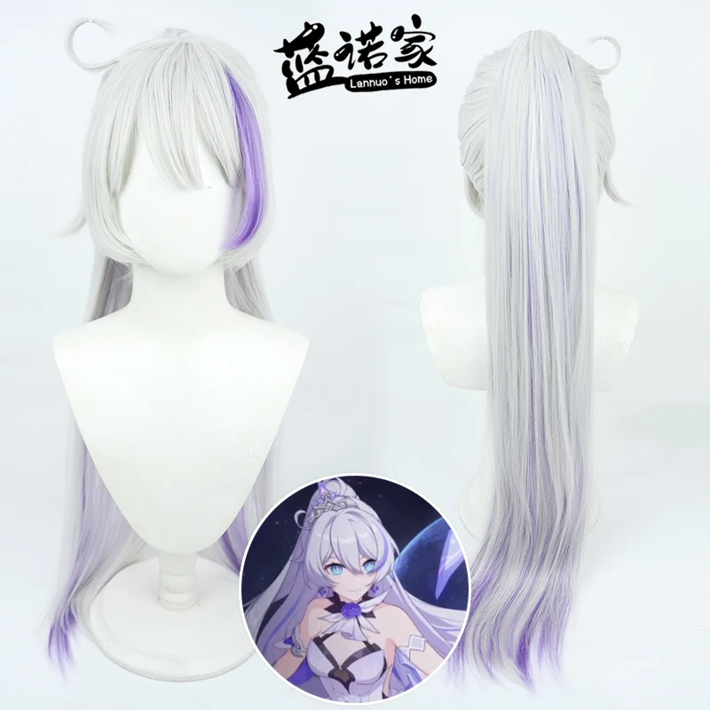 

Synthetic Hair Kiana Kaslana Cosplay Wigs Honkai Impact 3rd 100cm Silver White Mixed Purple Ponytail Wig Heat Resistant