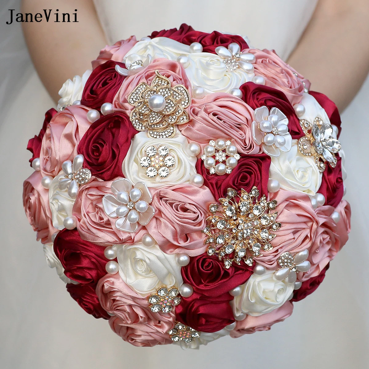 

JaneVini New Dark Red Bridal Bouquets Luxury Golden Rhinestones Pearls Artificial Satin Roses Bride Flowers Bouquet for Wedding