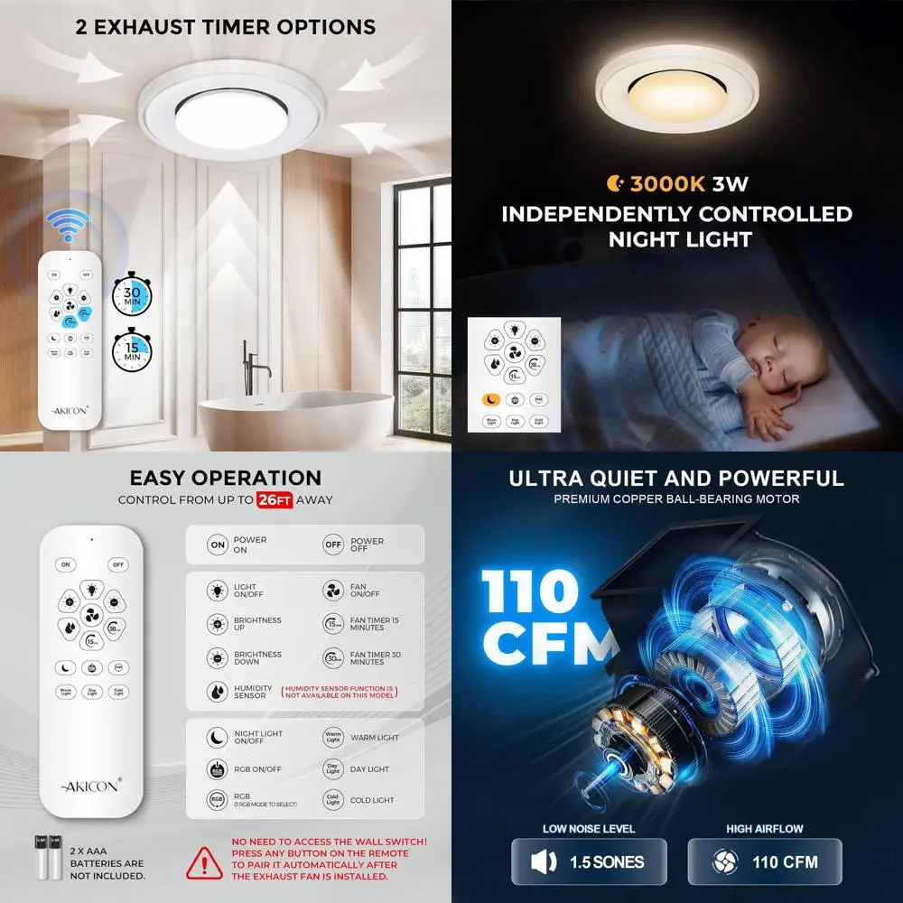 

Ultra Quiet 110 CM 1.5 Sone Ceiling Mount Bathroom Exhaust Fan with RGB LED, 3CCT Light, Nightlight, and Remote Control (White)