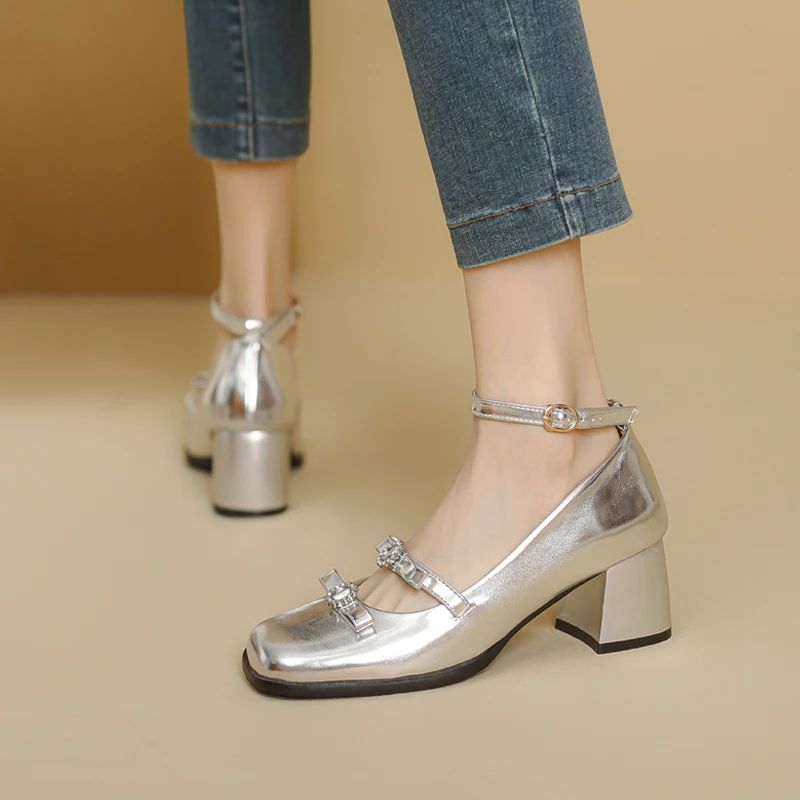 Black Silver Mary Jane Shoes Women Thick High Heels Ankle Strap Buckle Lolita Shoes School Uniform Student Girls Pumps 2024 New