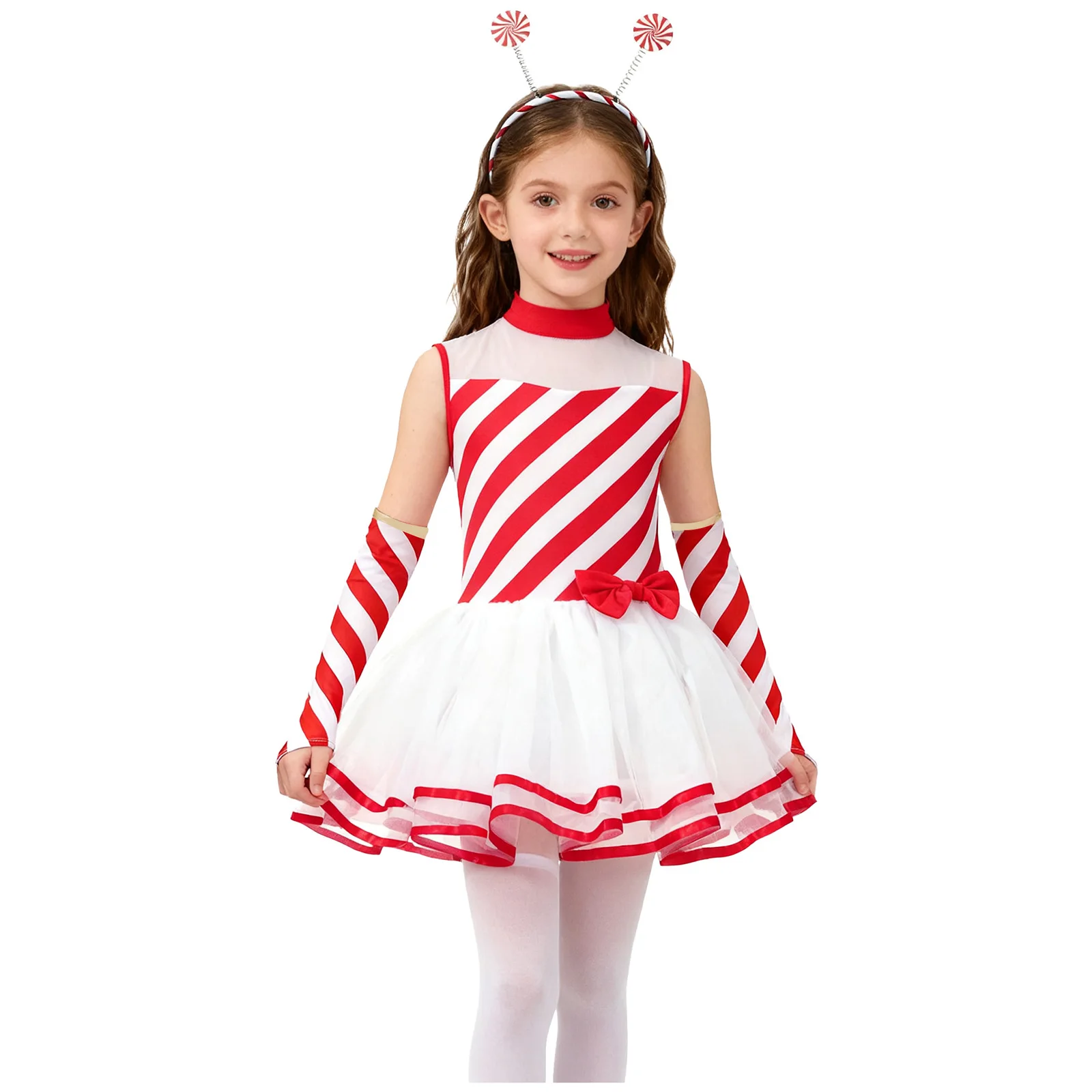 Traje de baile de Navidad con bastón de caramelo para niñas, tutú de Ballet de malla con lazo a rayas, vestido de patinaje sobre hielo, leotardo, Ropa de baile para fiesta de vacaciones