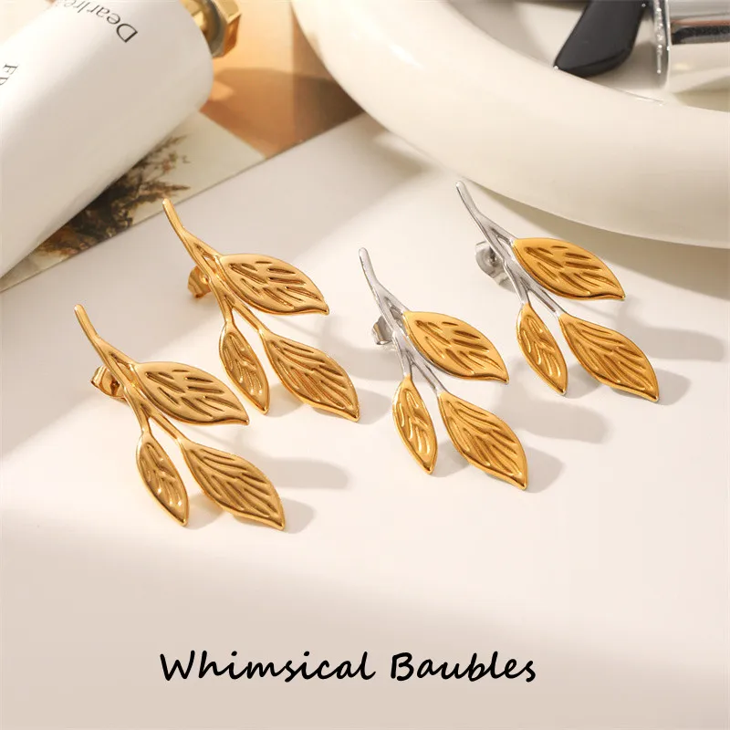 

18K Gold Plated Stainless Steel Fall Leaf-Shaped Flower Stud Earrings Big Chunky Classic Cute Fall Fashion Design