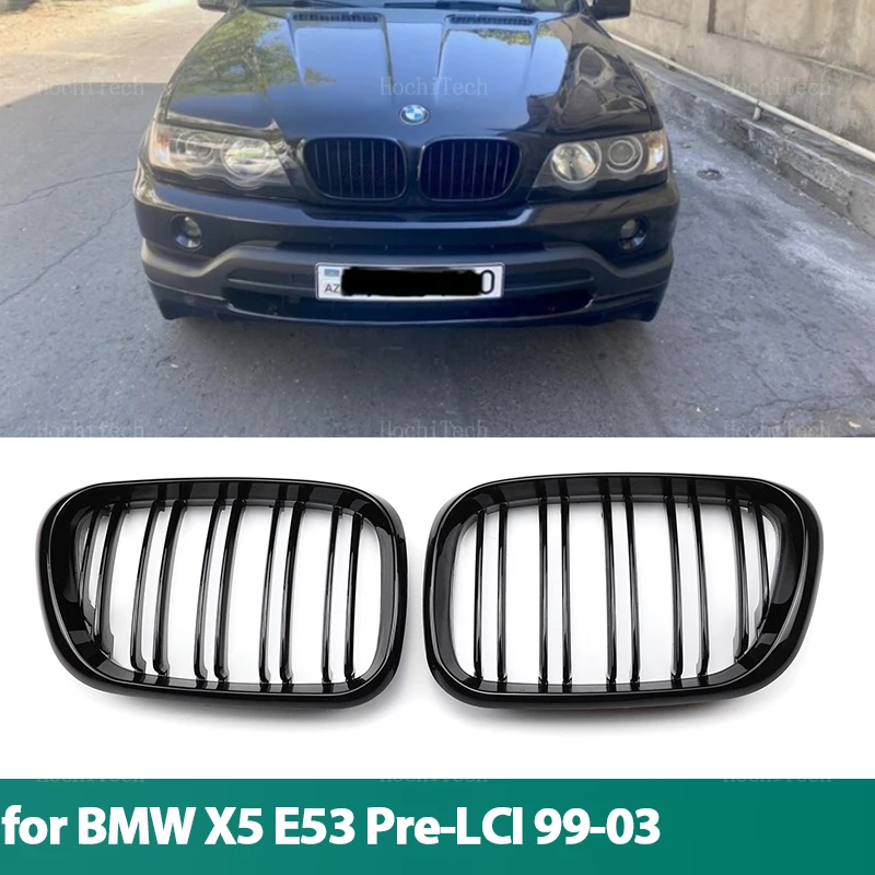 Car Gloss Black Front Bumper Grille For BMW X5 E53 Pre-LCI 1999 2000 2001 2002 2003 Sport Grill Double Slat Line Kindey Grills