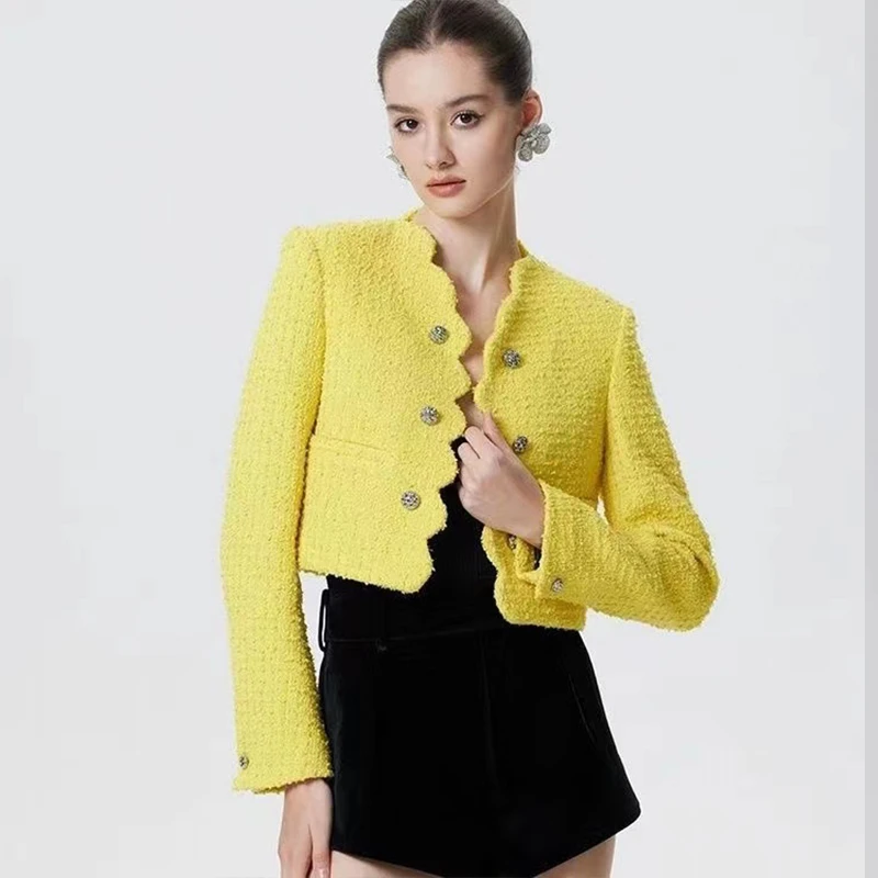 2024 Vintage  Ladies Short Fall Blouse Yellow Small Fragrance Wind Jacket Women Short Tweed Blouse Jacket