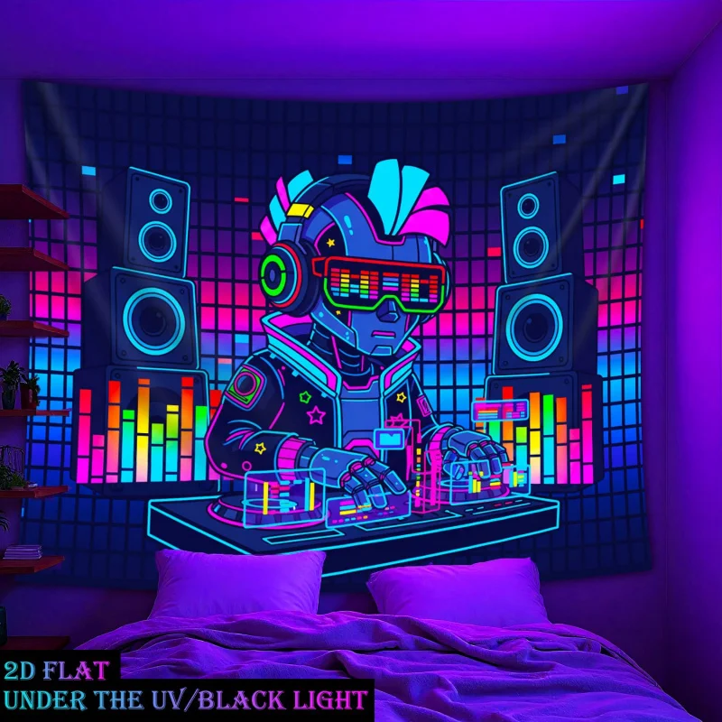 VIKAMA Cyberpunk Style Tapestry Neon Lights DJ Robot Home De