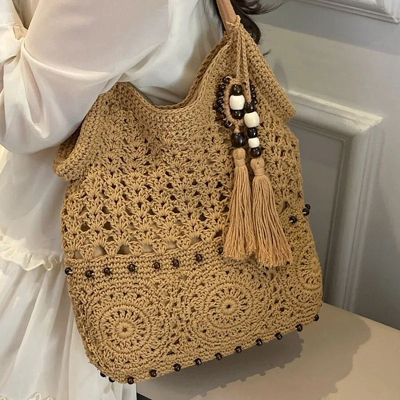 Handwoven Cotton Crochet Tote Bag Vintage Bohemian Shoulder Beach Handbag for Vacation Summer Daily