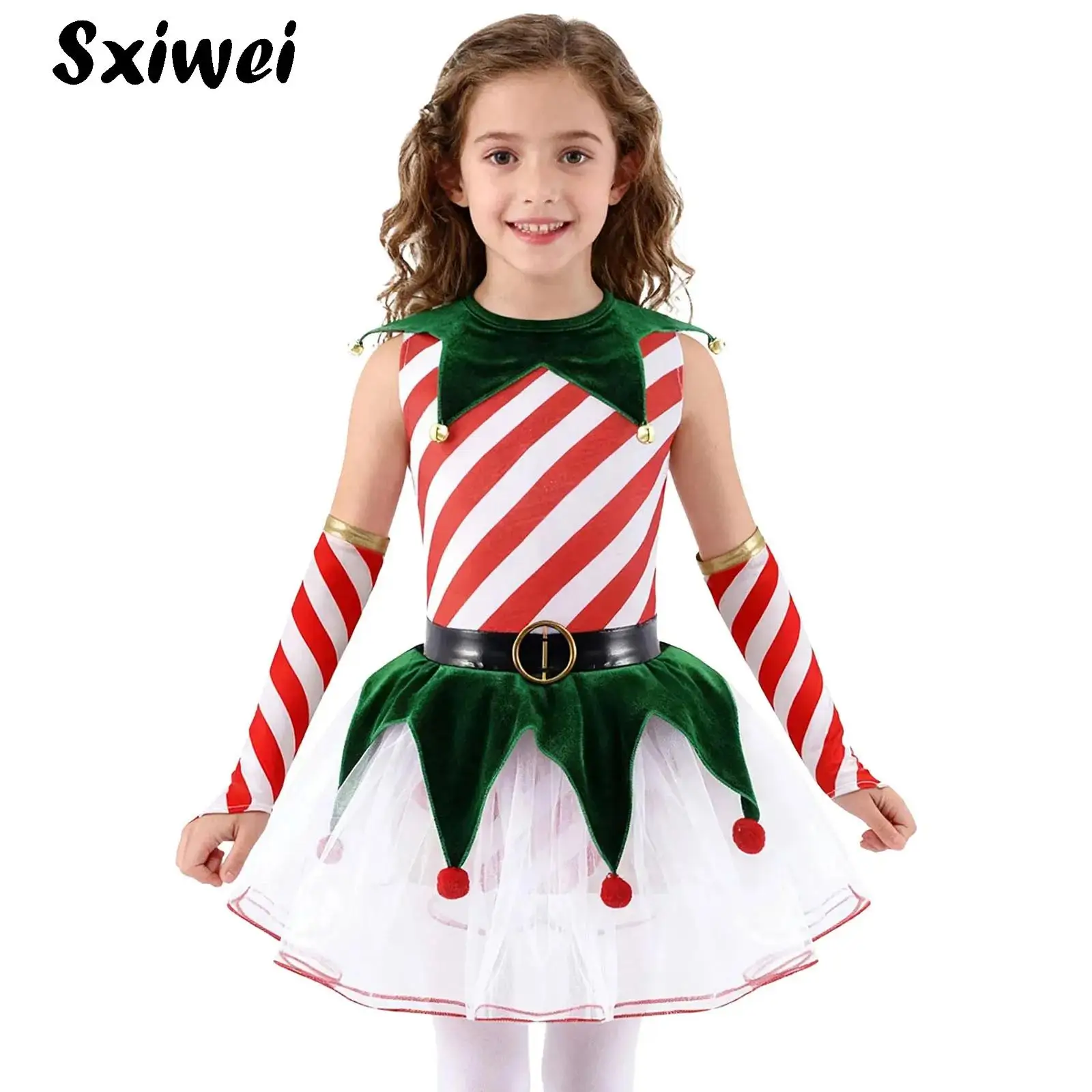 

Girls Candy Cane Elf Mrs Santa Claus Costume Striped Ballet Dance Tutu Dress Set Figure Ice Skating Leotard Christmas Dancewear