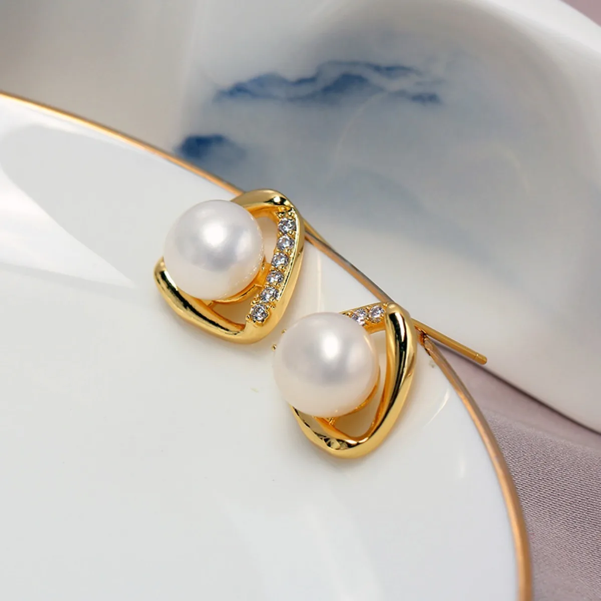Women Brass 14K Gold Plated Geometric CZ Blank Setting Handmade Findings For DIY Pearl S925 Silver Needle Stud Earring
