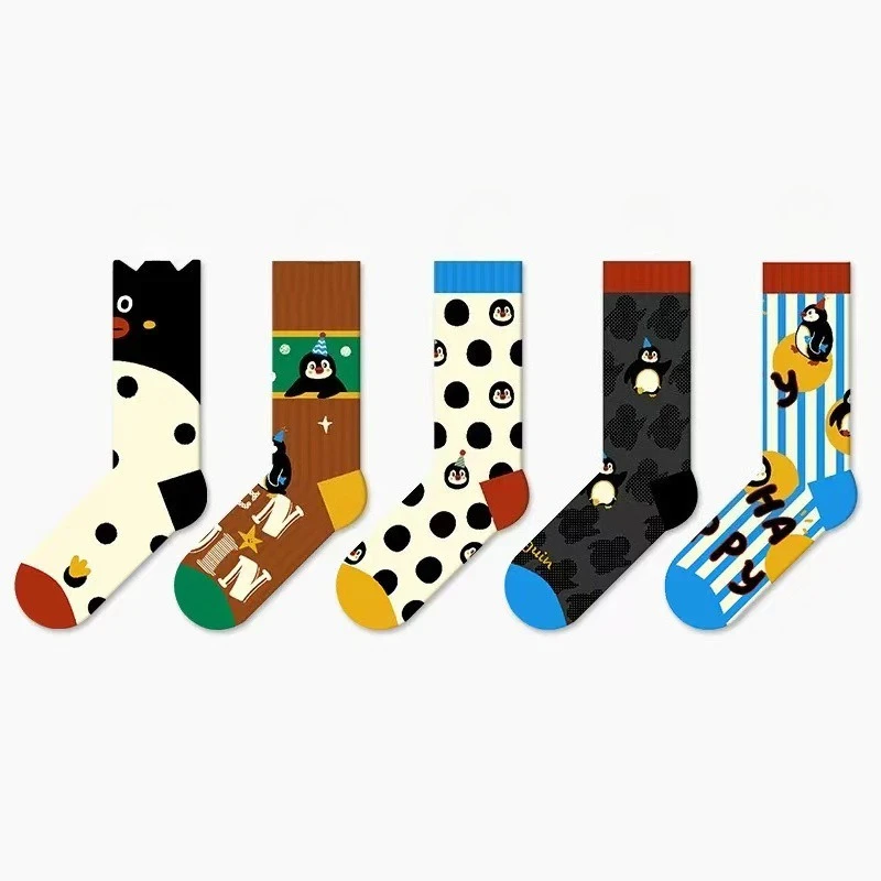 5 Pairs Spring and Autumn Cartoon Animal Personality Cute Little Penguin Socks Original Niche Design New Mid Tube Trendy Socks